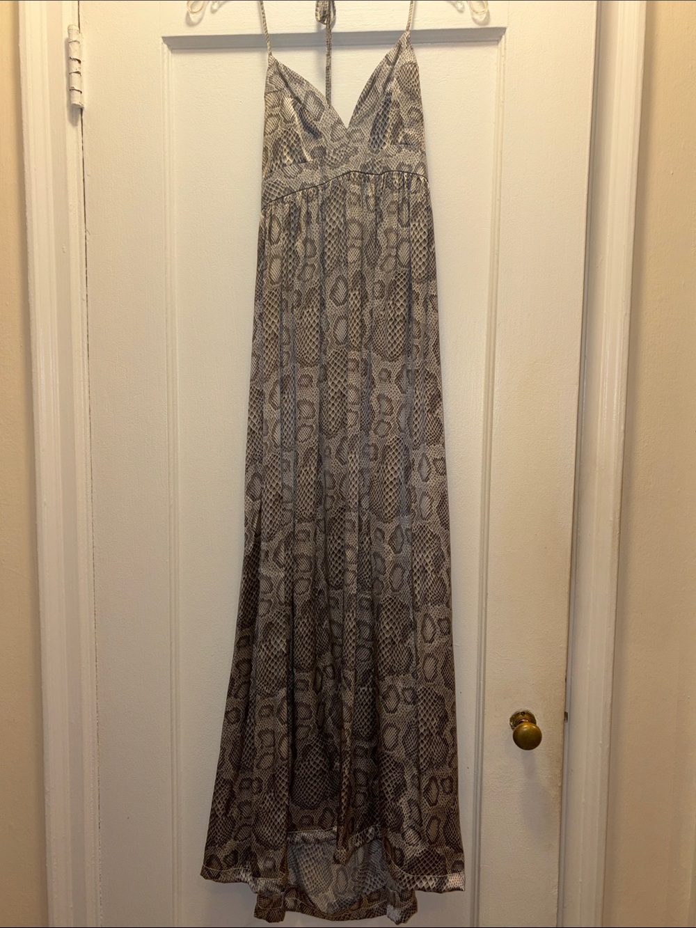 Snake-Print Maxi Dress with Spaghetti Straps - Gray